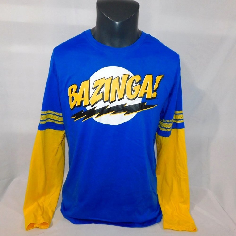 BAZINGA The BIg Bang Theory Blue yellow Long Sleeve crew neck Shirt M